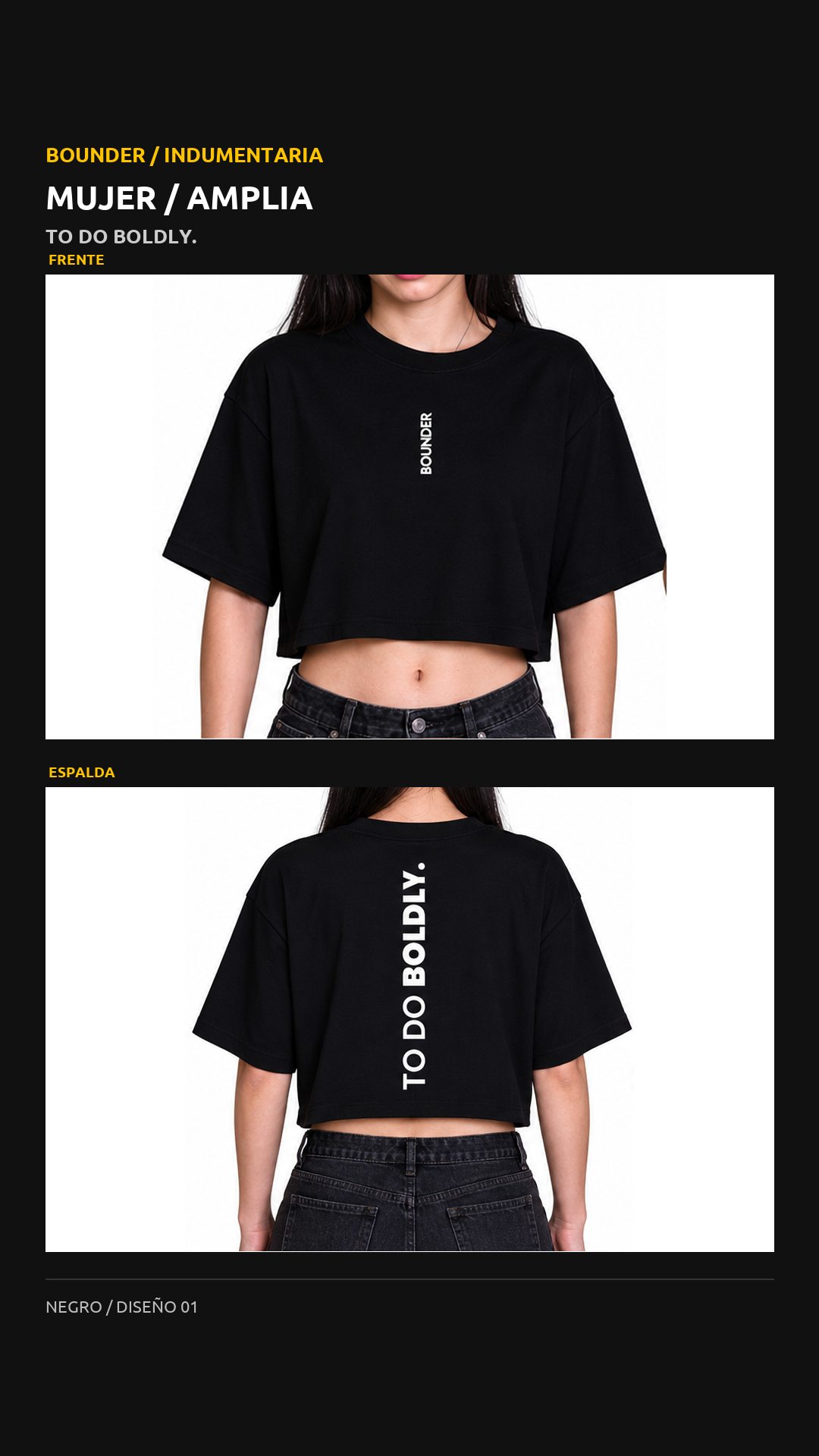 Remera Bounder amplia, diseño To do boldly., vista de frente y espalda