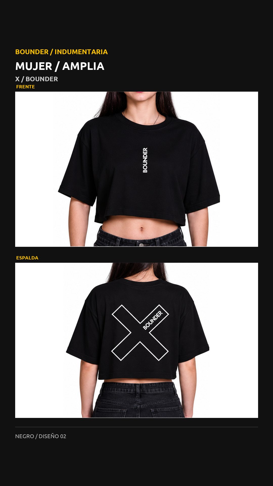 Remera Bounder amplia, diseño X, vista de frente y espalda