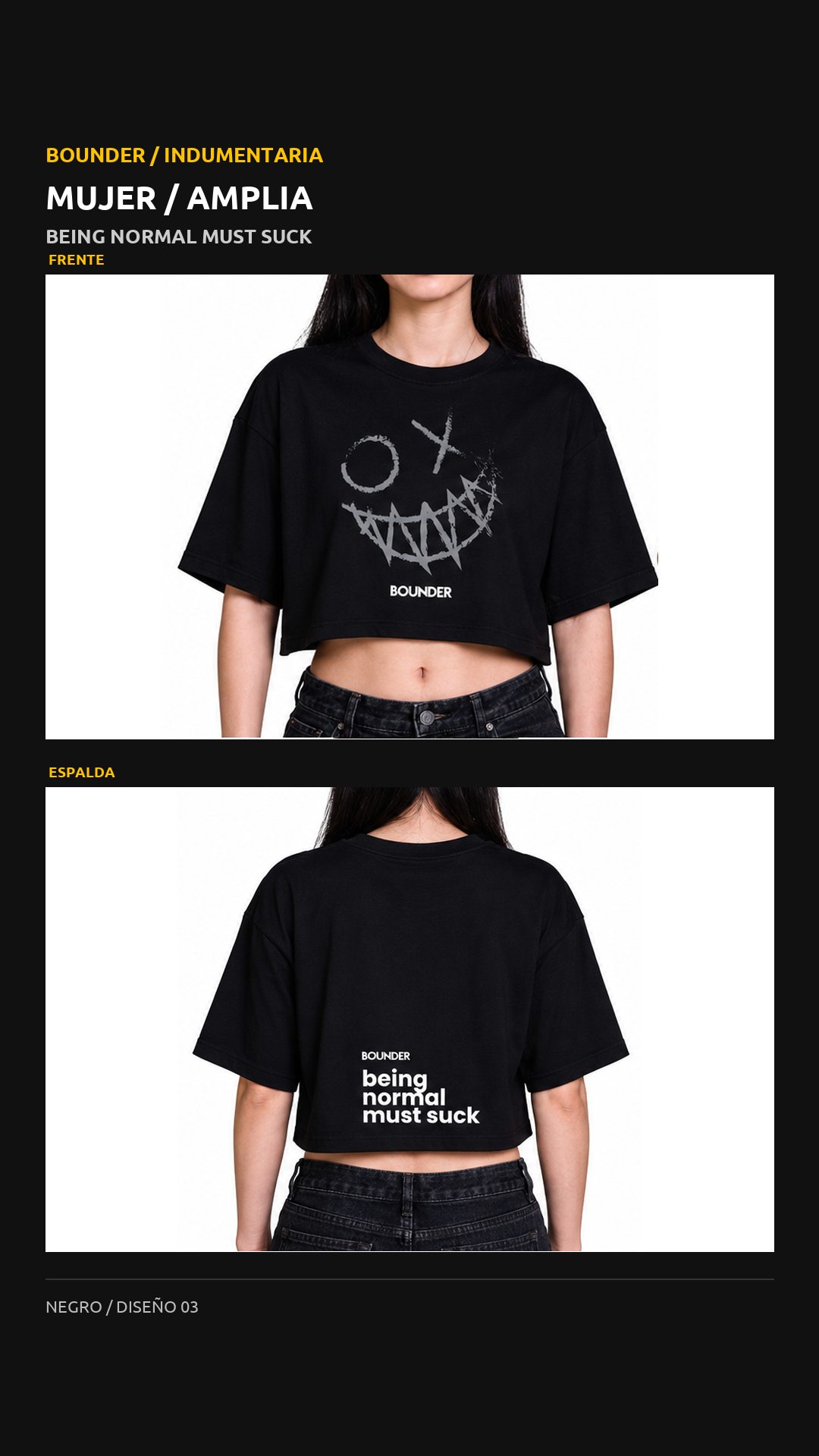 Remera Bounder amplia, diseño Cara, vista de frente y espalda
