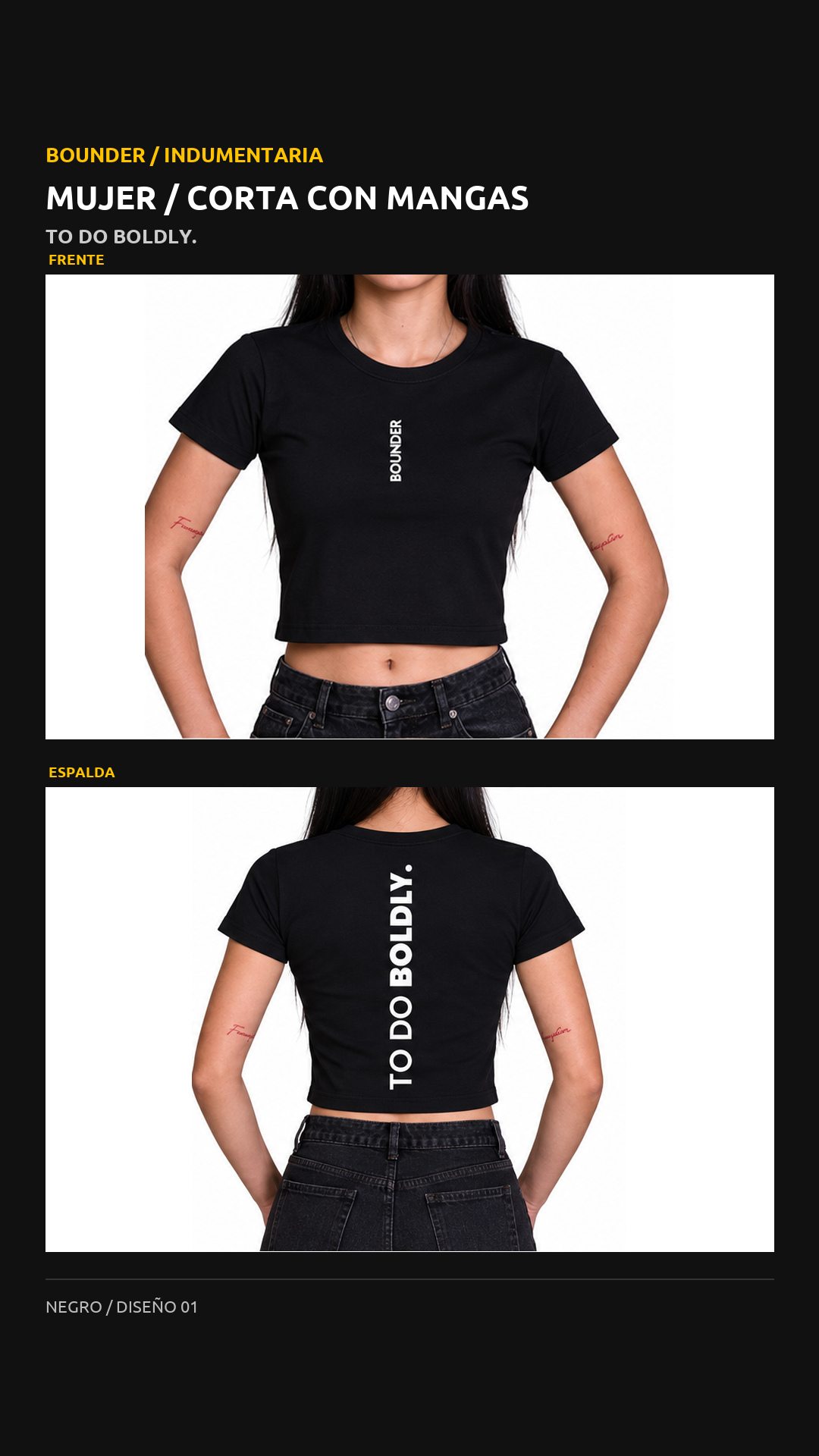 Remera Bounder corta con mangas, diseño To do boldly., vista de frente y espalda