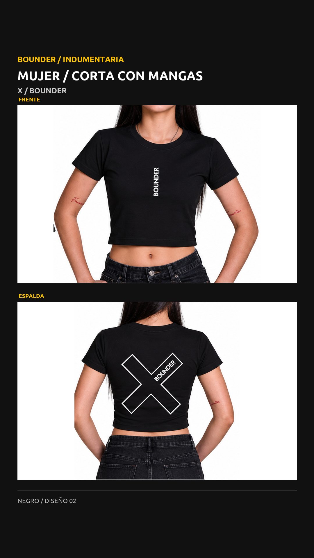 Remera Bounder corta con mangas, diseño X, vista de frente y espalda