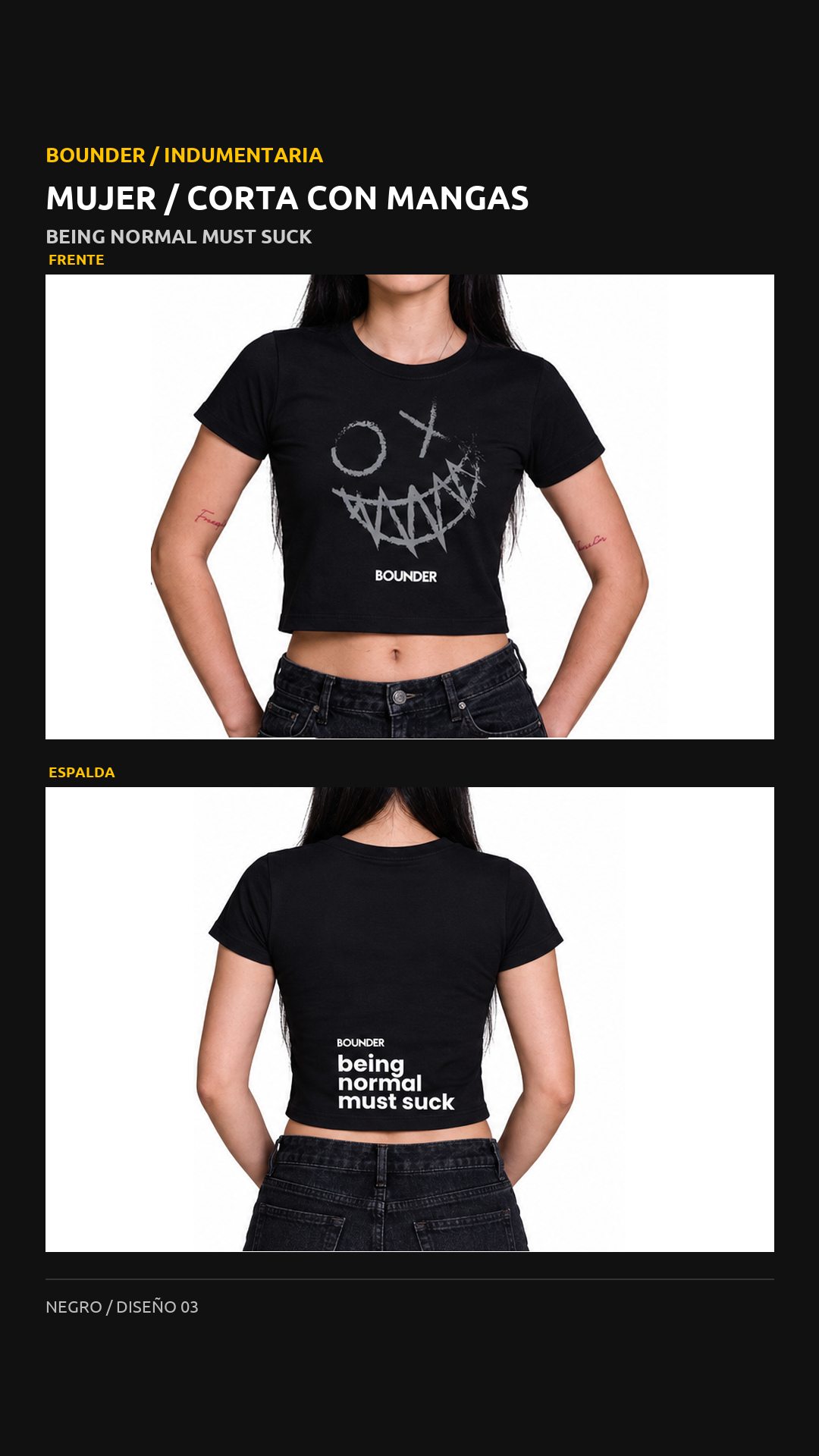 Remera Bounder corta con mangas, diseño Cara, vista de frente y espalda