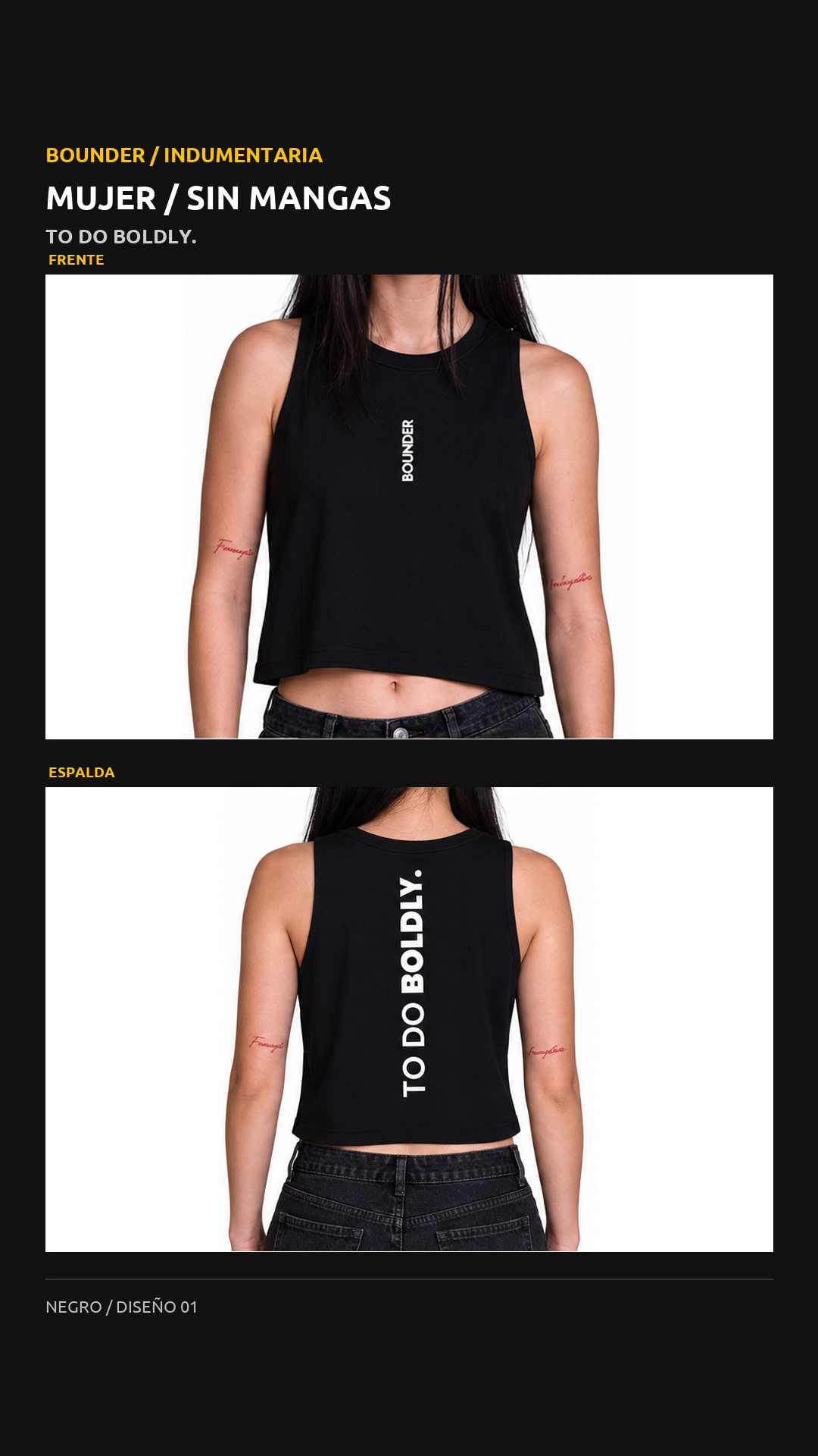Remera Bounder sin mangas, diseño To do boldly., vista de frente y espalda