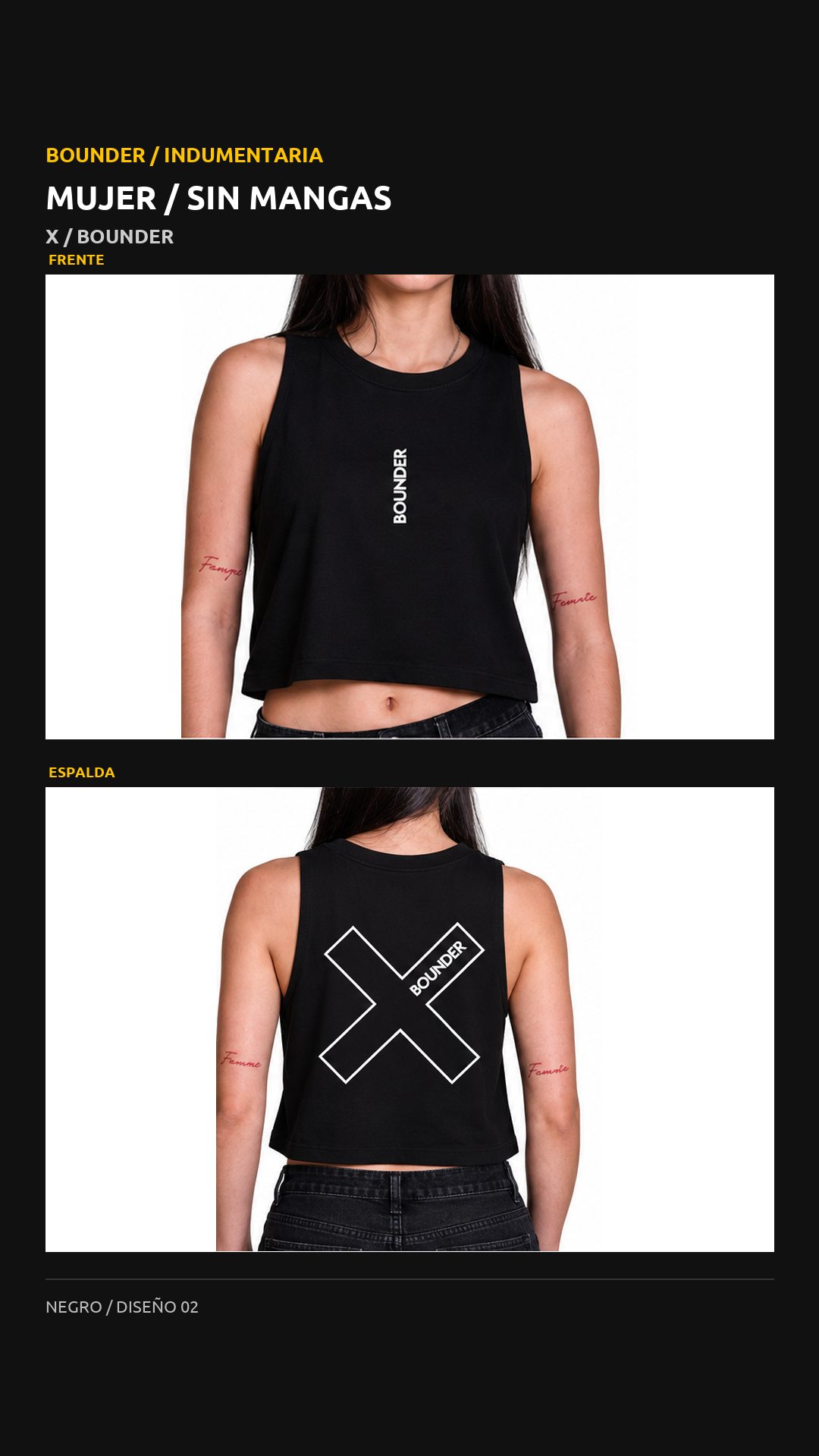 Remera Bounder sin mangas, diseño X, vista de frente y espalda