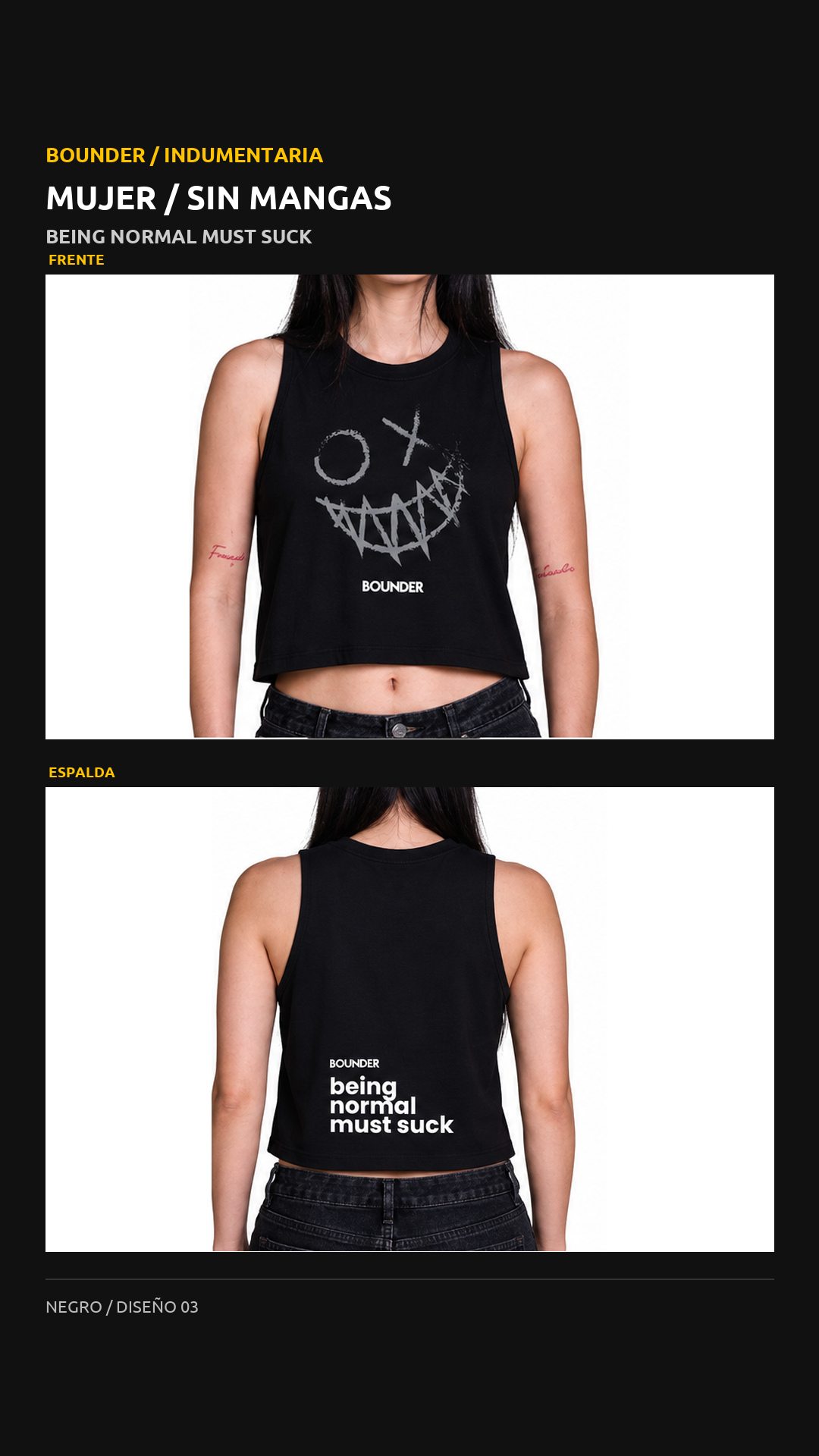 Remera Bounder sin mangas, diseño Cara, vista de frente y espalda