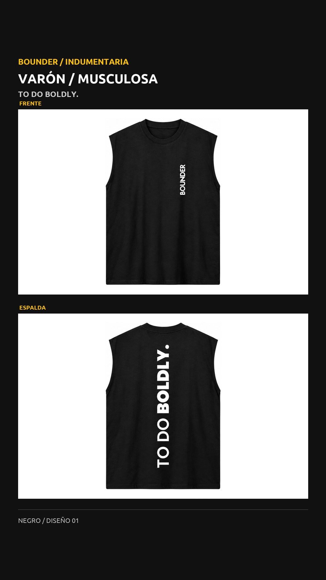 Remera Bounder musculosa, diseño To do boldly., vista de frente y espalda