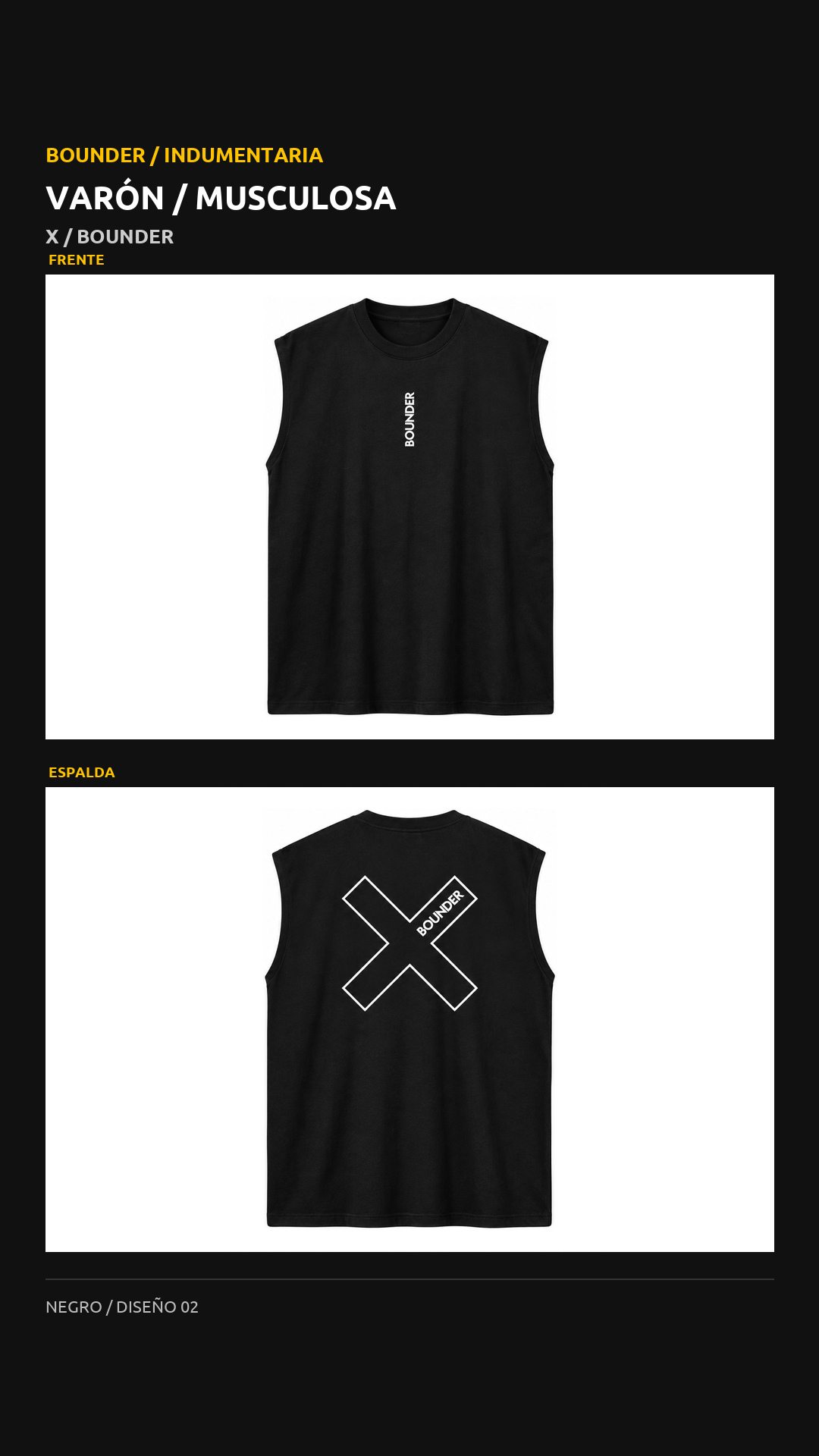 Remera Bounder musculosa, diseño X, vista de frente y espalda