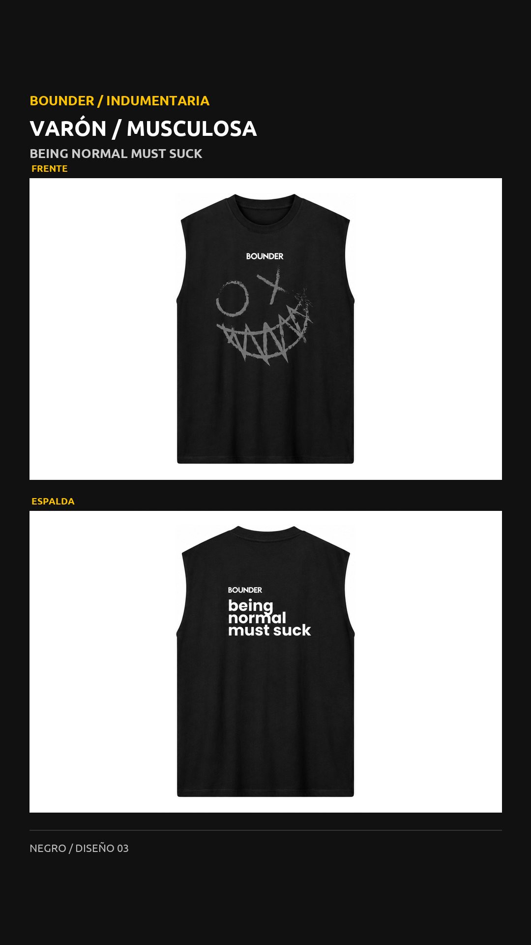 Remera Bounder musculosa, diseño Cara, vista de frente y espalda
