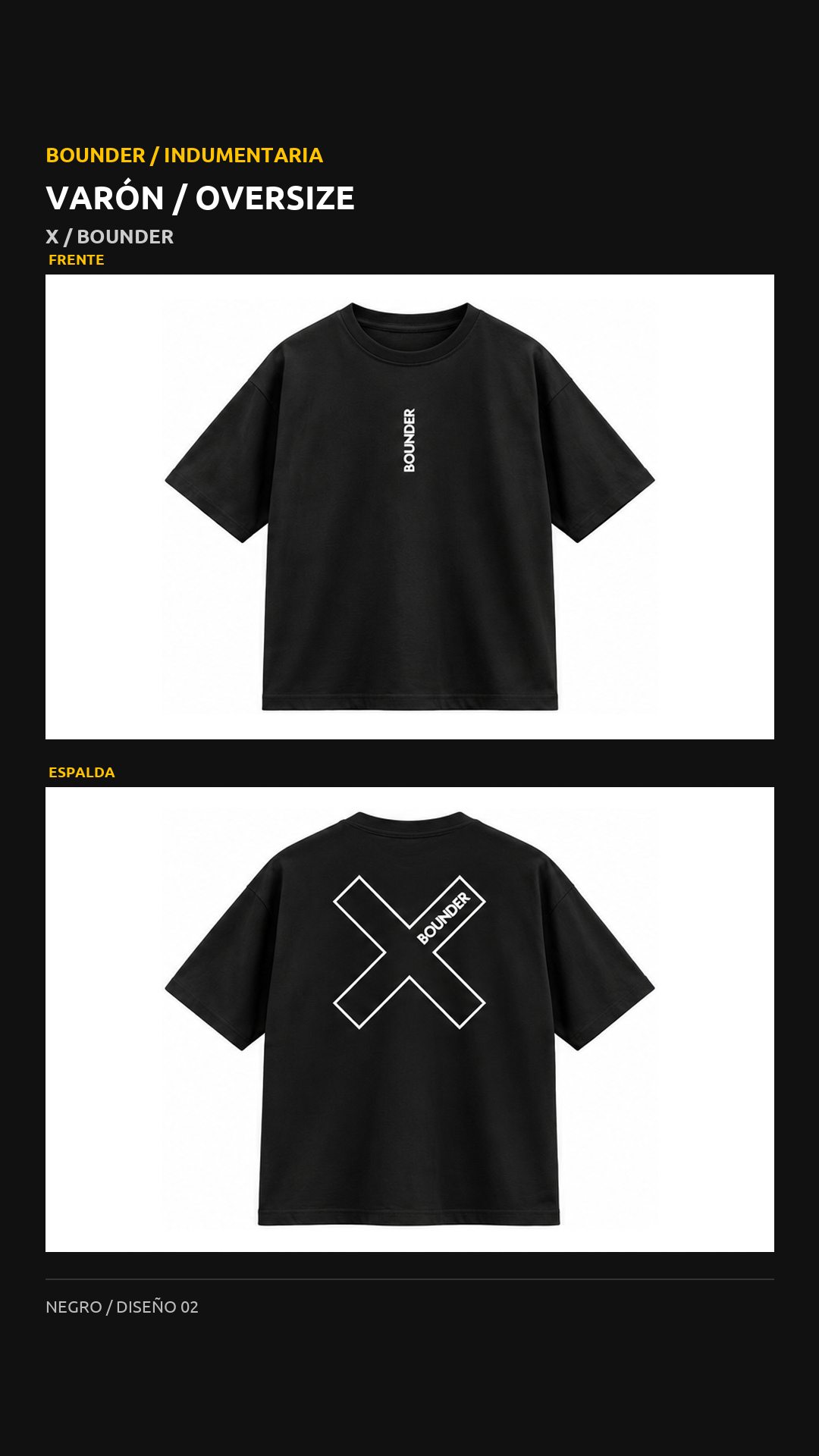 Remera Bounder oversize, diseño X, vista de frente y espalda